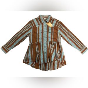 IVY JANE brown turquoise long sleeve high low peplum button up blouse/jacket NWT